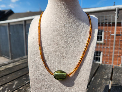 brown and upcycled green glass beaded necklace