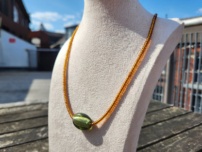 brown and upcycled green glass beaded necklace