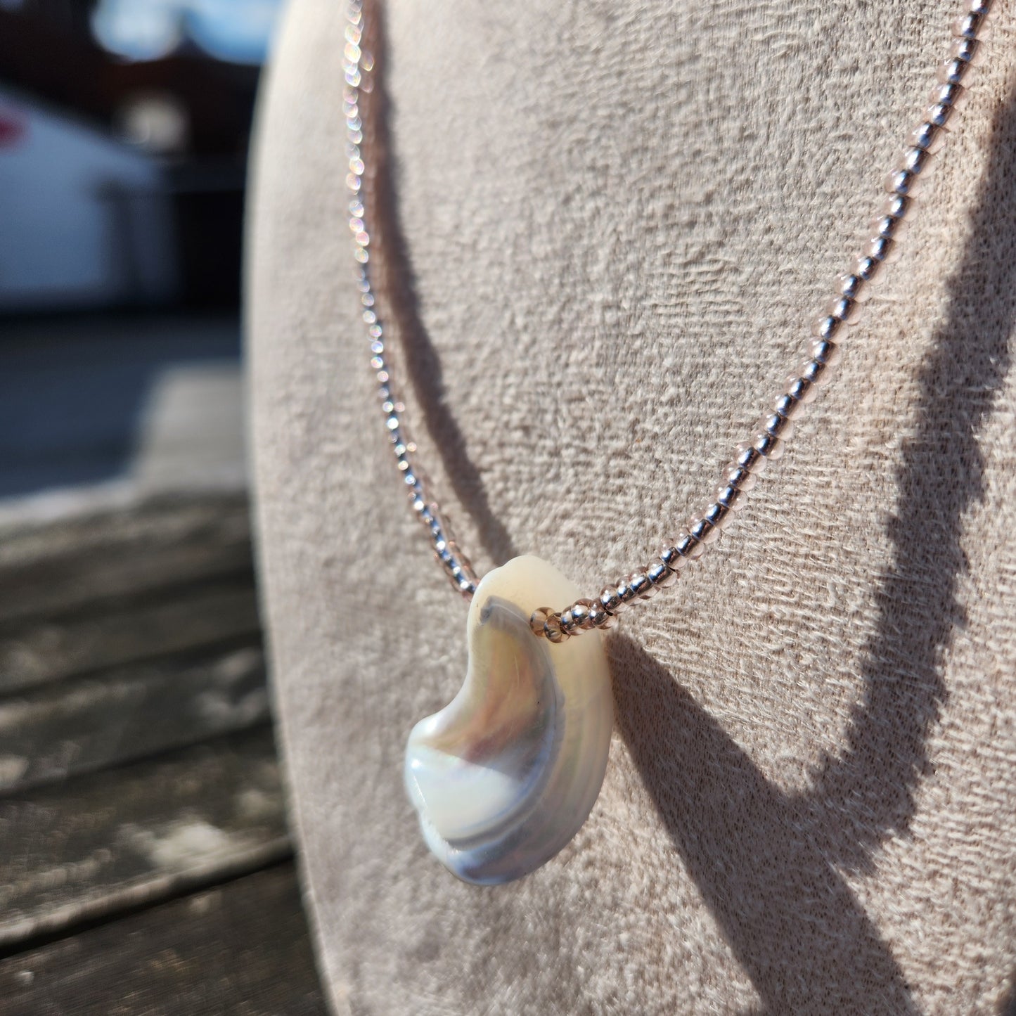 pale pink glass beaded shell pendant necklace