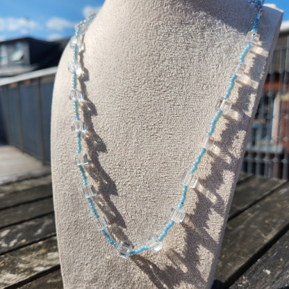 clear cube and blue glass beaded necklace