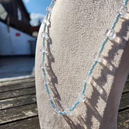 clear cube and blue glass beaded necklace
