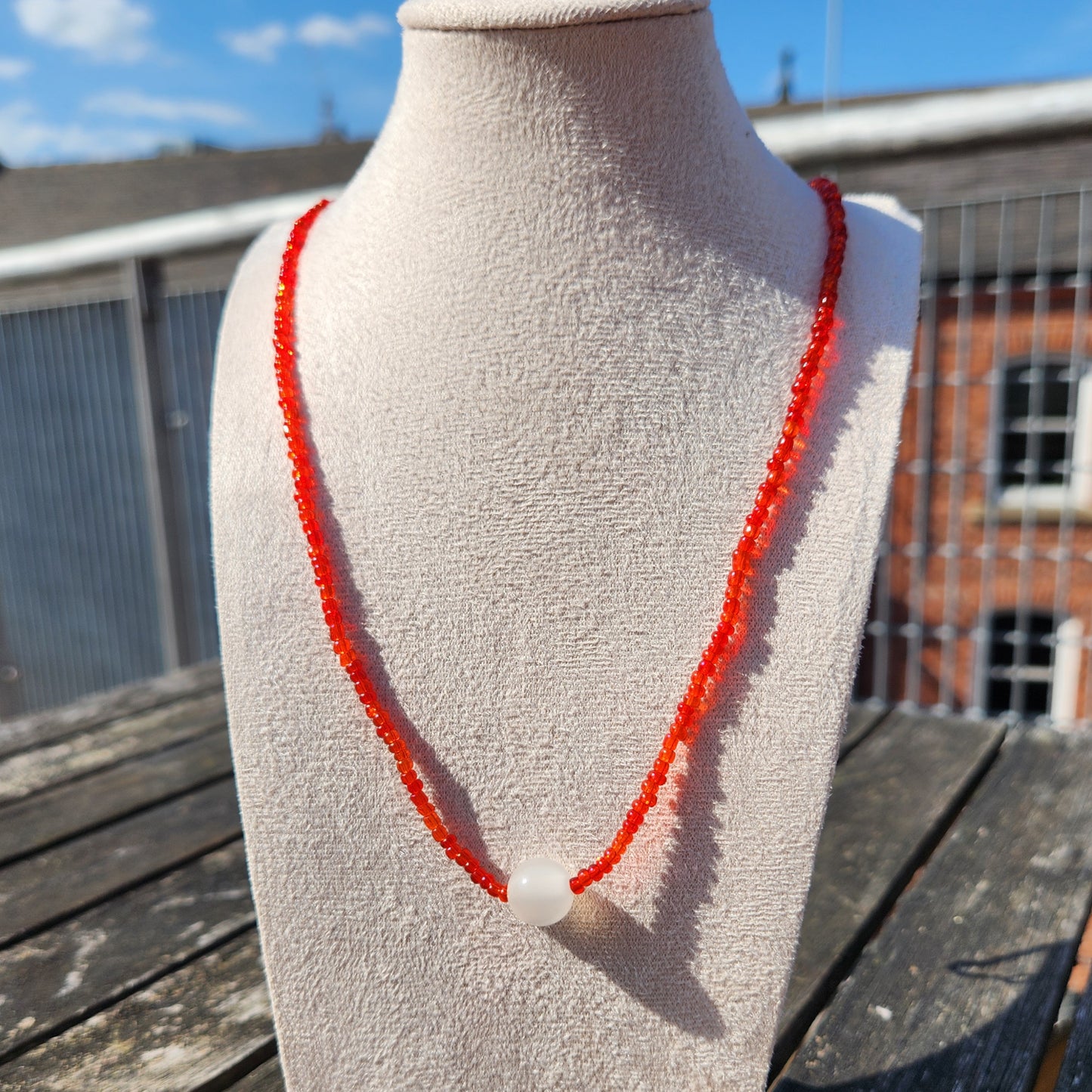 red and white glass upcycled beaded necklace