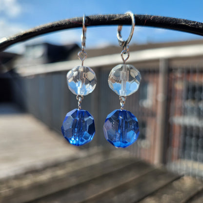 blue and clear round beaded silver huggie hoop earrings