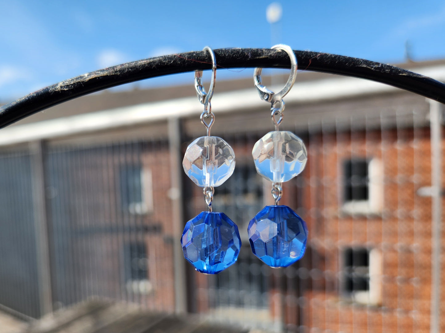 blue and clear round beaded silver huggie hoop earrings