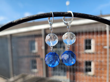 blue and clear round beaded silver huggie hoop earrings