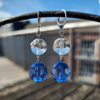 blue and clear round beaded silver huggie hoop earrings
