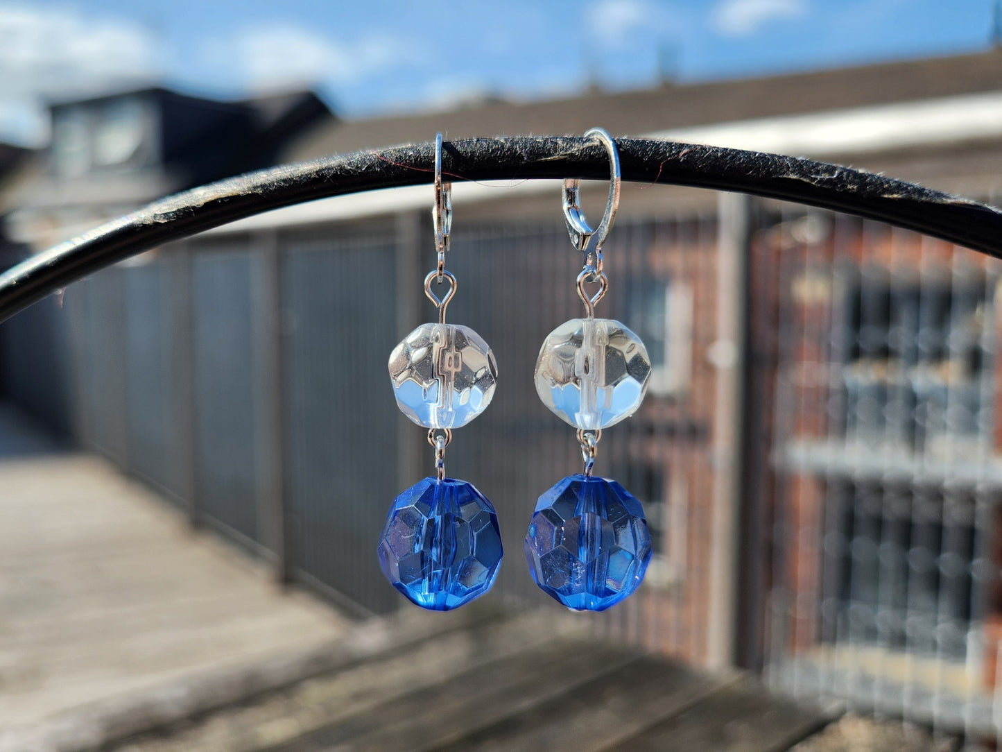blue and clear round beaded silver huggie hoop earrings