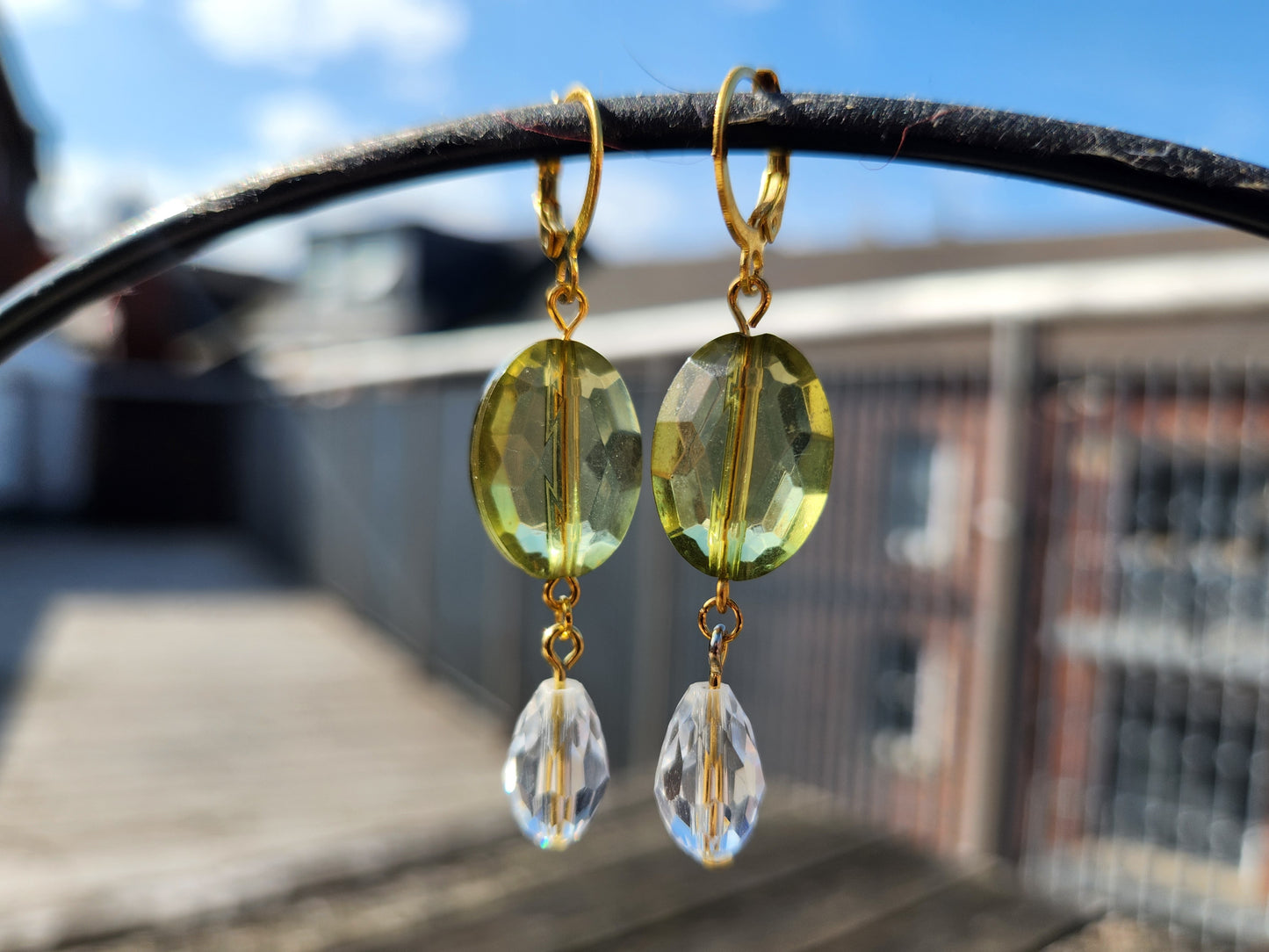 green and clear beaded gold huggie hoop earrings