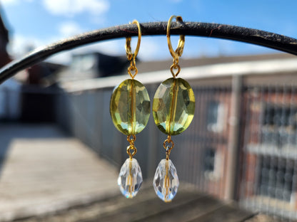 green and clear beaded gold huggie hoop earrings