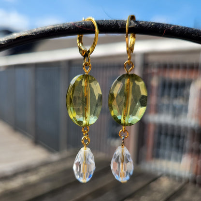 green and clear beaded gold huggie hoop earrings