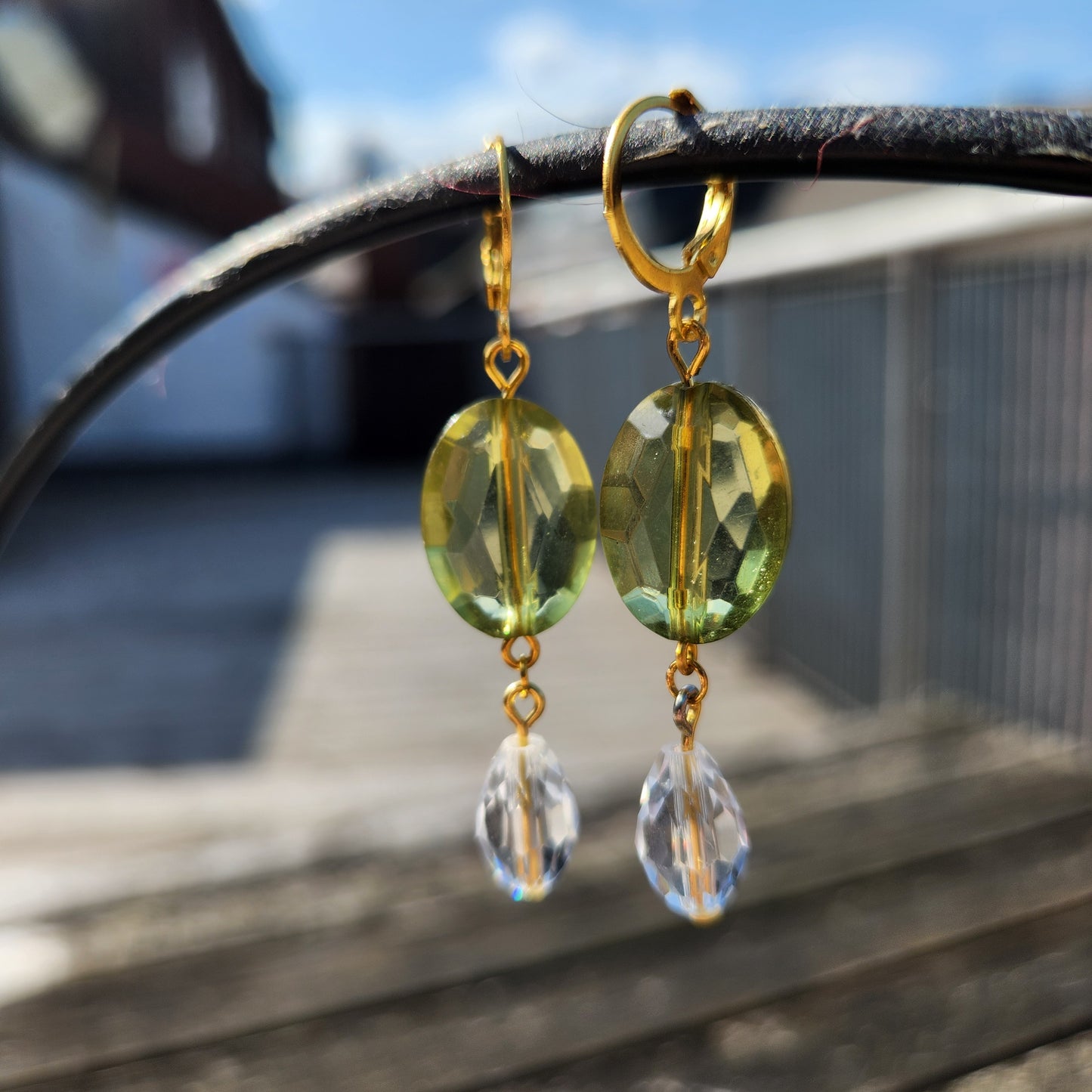 green and clear beaded gold huggie hoop earrings