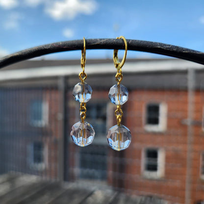 blue-grey faceted bead gold huggie hoop earrings
