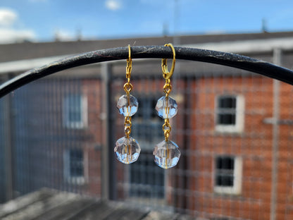 blue-grey faceted bead gold huggie hoop earrings