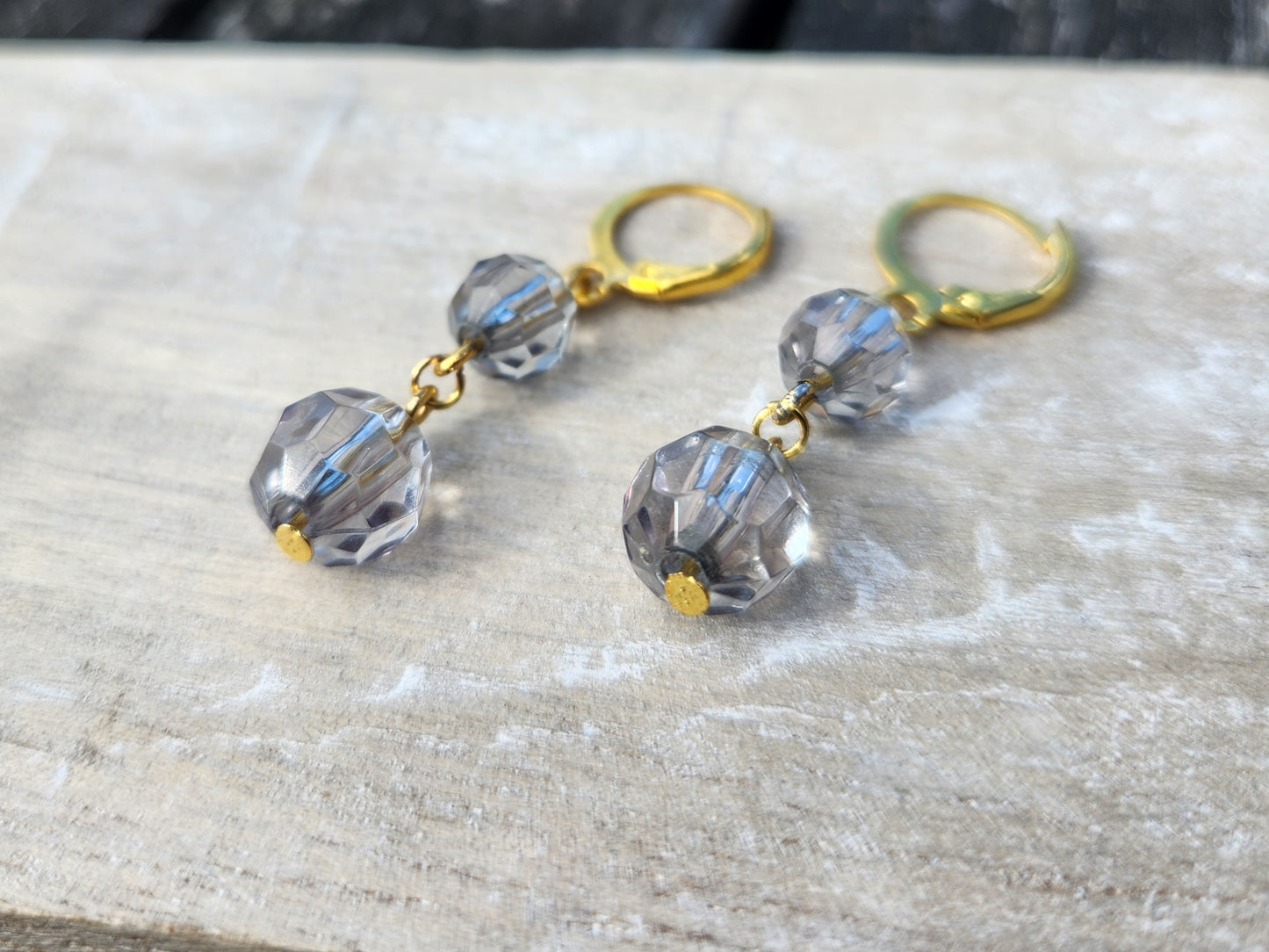 blue-grey faceted bead gold huggie hoop earrings