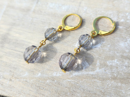 blue-grey faceted bead gold huggie hoop earrings
