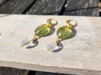 green and clear beaded gold huggie hoop earrings