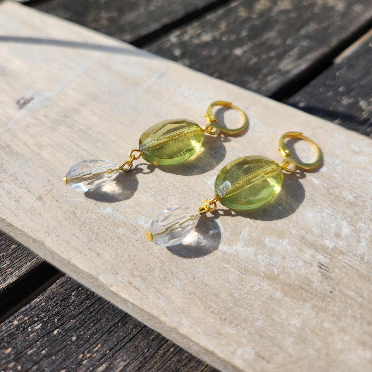 green and clear beaded gold huggie hoop earrings
