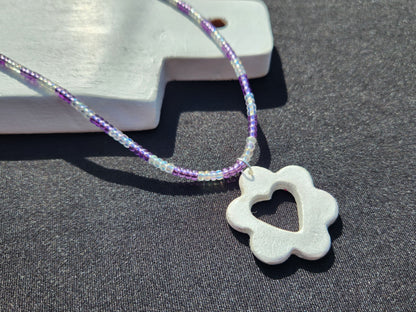 purple and iridescent glass beaded silver heart flower pendant