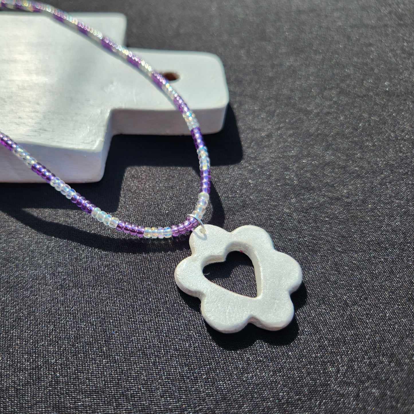 purple and iridescent glass beaded silver heart flower pendant