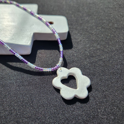 purple and iridescent glass beaded silver heart flower pendant