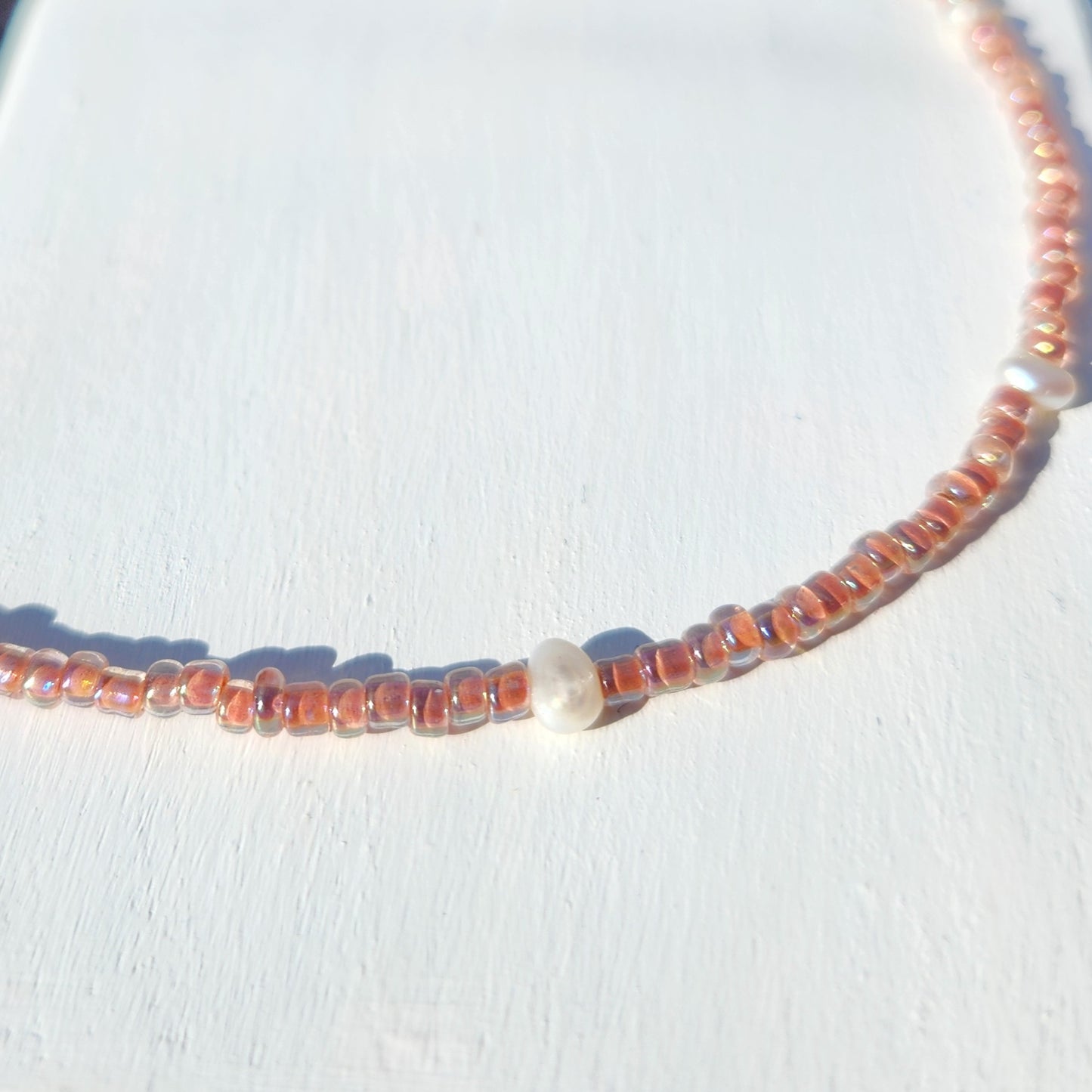 pink glass beads and freshwater pearl beaded necklace