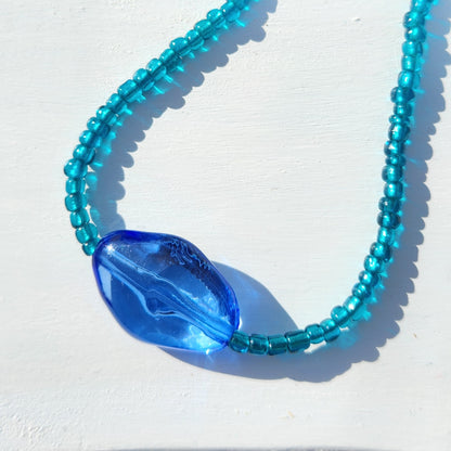 blue glass upcycled beaded necklace