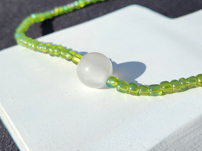 green and white pearlescent glass beaded necklace