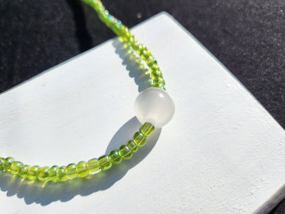 green and white pearlescent glass beaded necklace