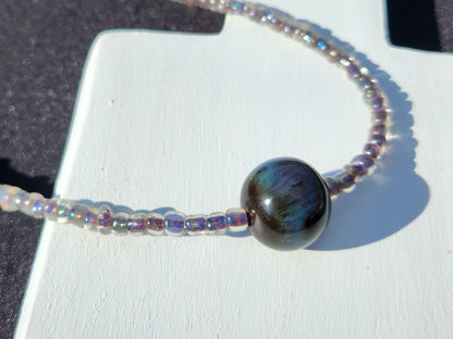 grey and blue iridescent glass beaded necklace