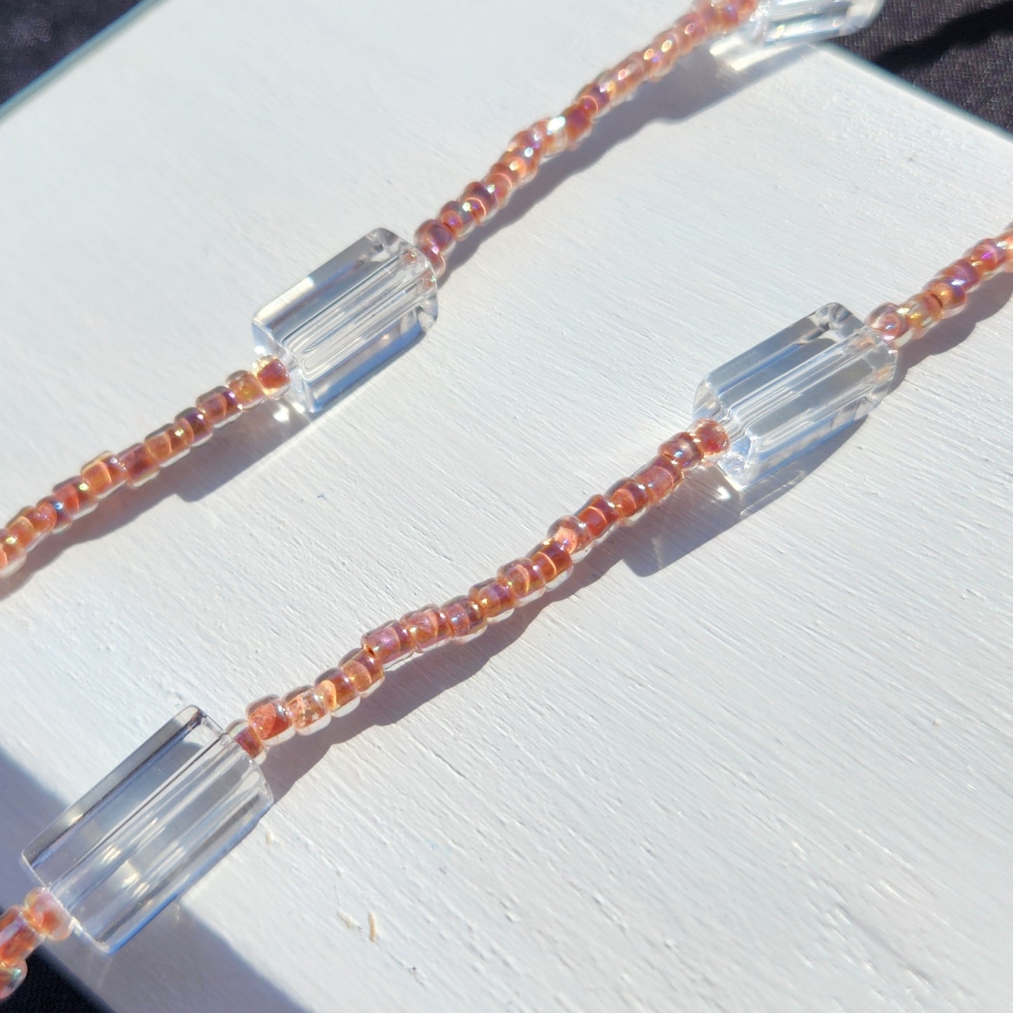 pink and clear rectangle glass beaded necklace