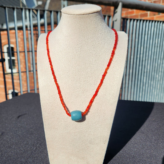 red and teal glass upcycled beaded necklace