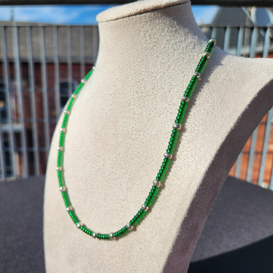 green and silver glass beaded necklace