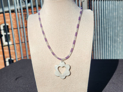 purple and iridescent glass beaded silver heart flower pendant