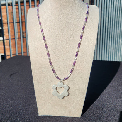 purple and iridescent glass beaded silver heart flower pendant
