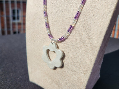 purple and iridescent glass beaded silver heart flower pendant