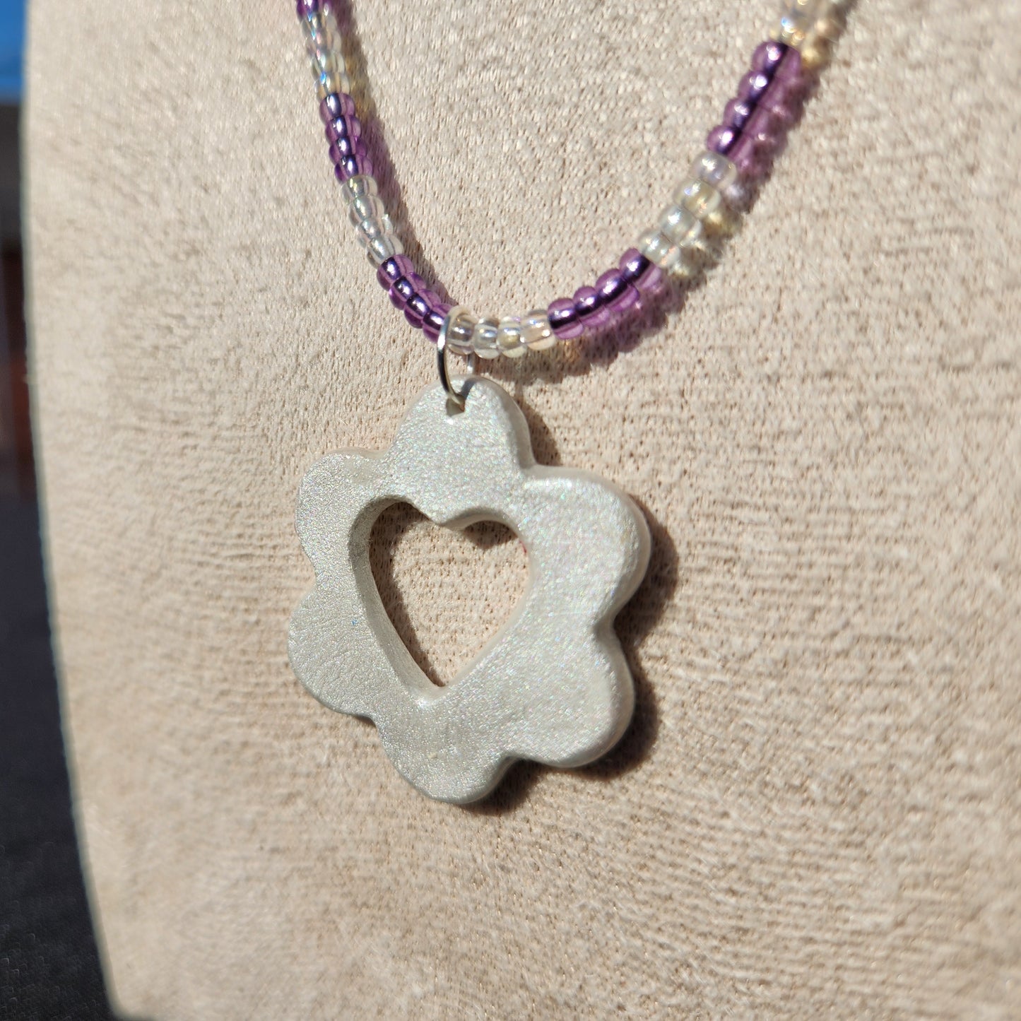 purple and iridescent glass beaded silver heart flower pendant