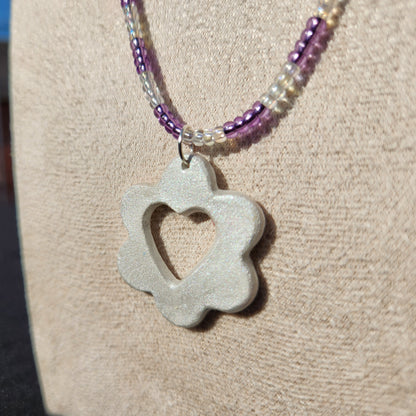 purple and iridescent glass beaded silver heart flower pendant