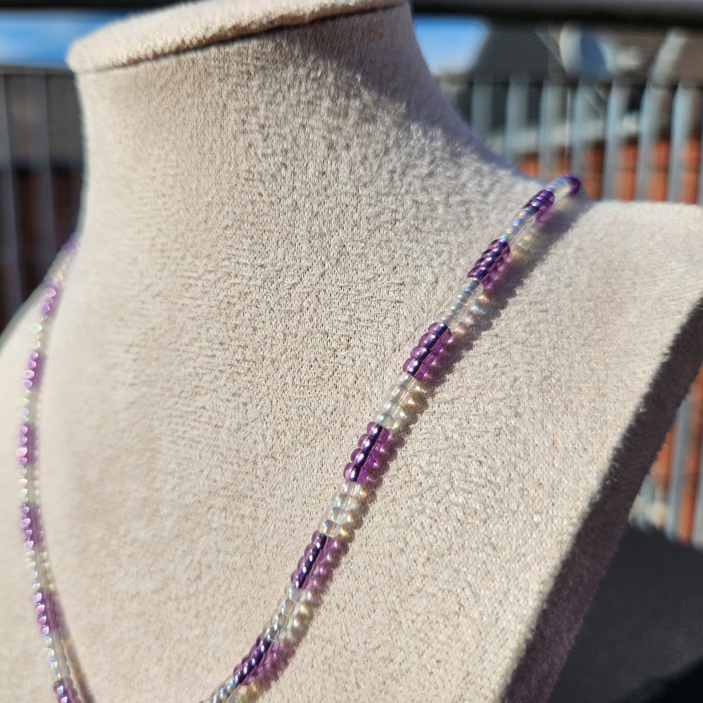 purple and iridescent glass beaded silver heart flower pendant
