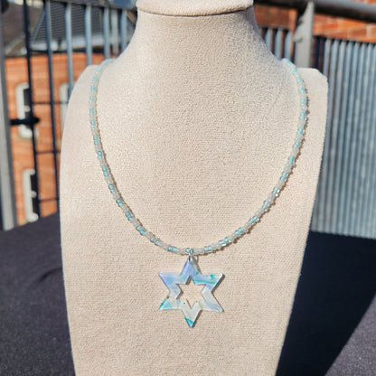 pale blue and cream glass bead star of david pendant necklace