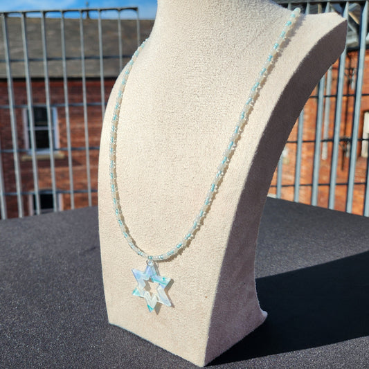 pale blue and cream glass bead star of david pendant necklace