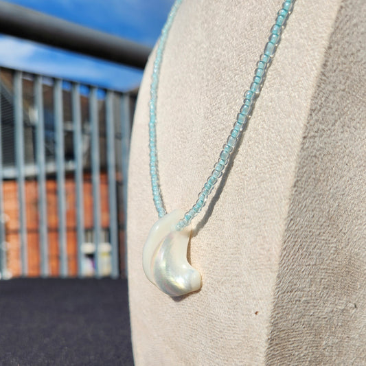 pale blue glass beaded shell pendant necklace