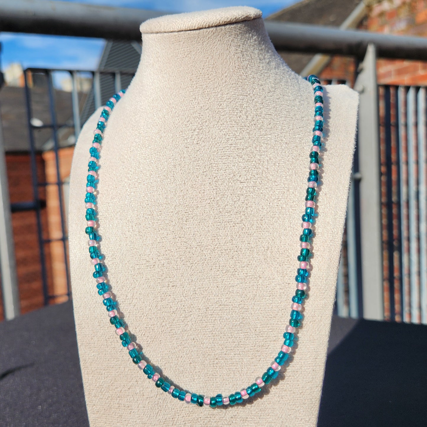 blue-green and pink glass beaded necklace