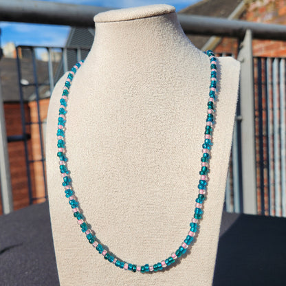 blue-green and pink glass beaded necklace