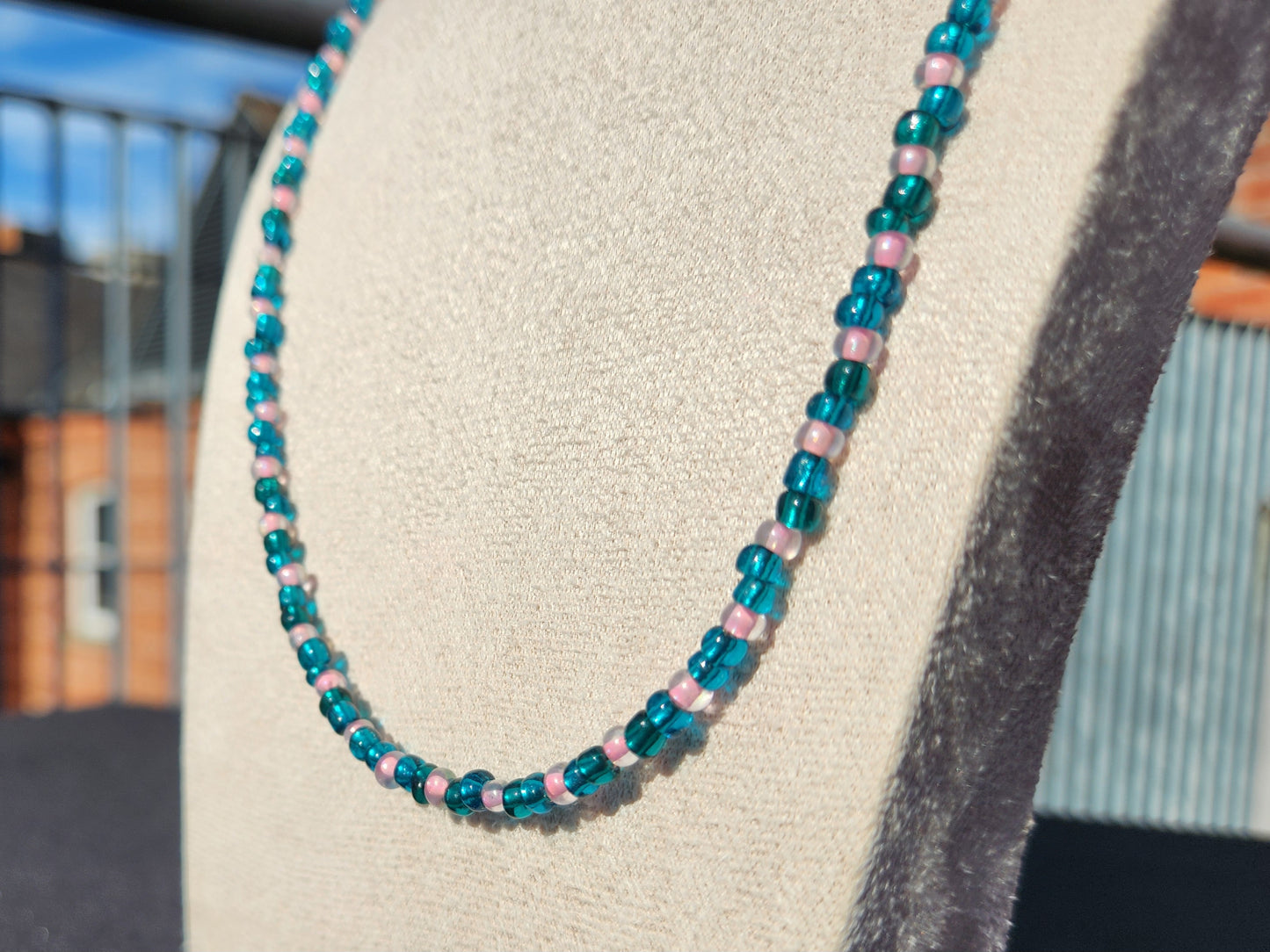 blue-green and pink glass beaded necklace