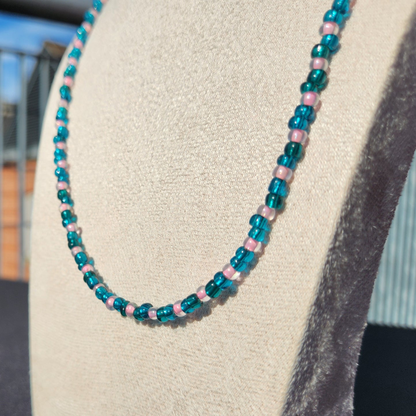 blue-green and pink glass beaded necklace