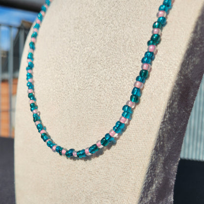 blue-green and pink glass beaded necklace