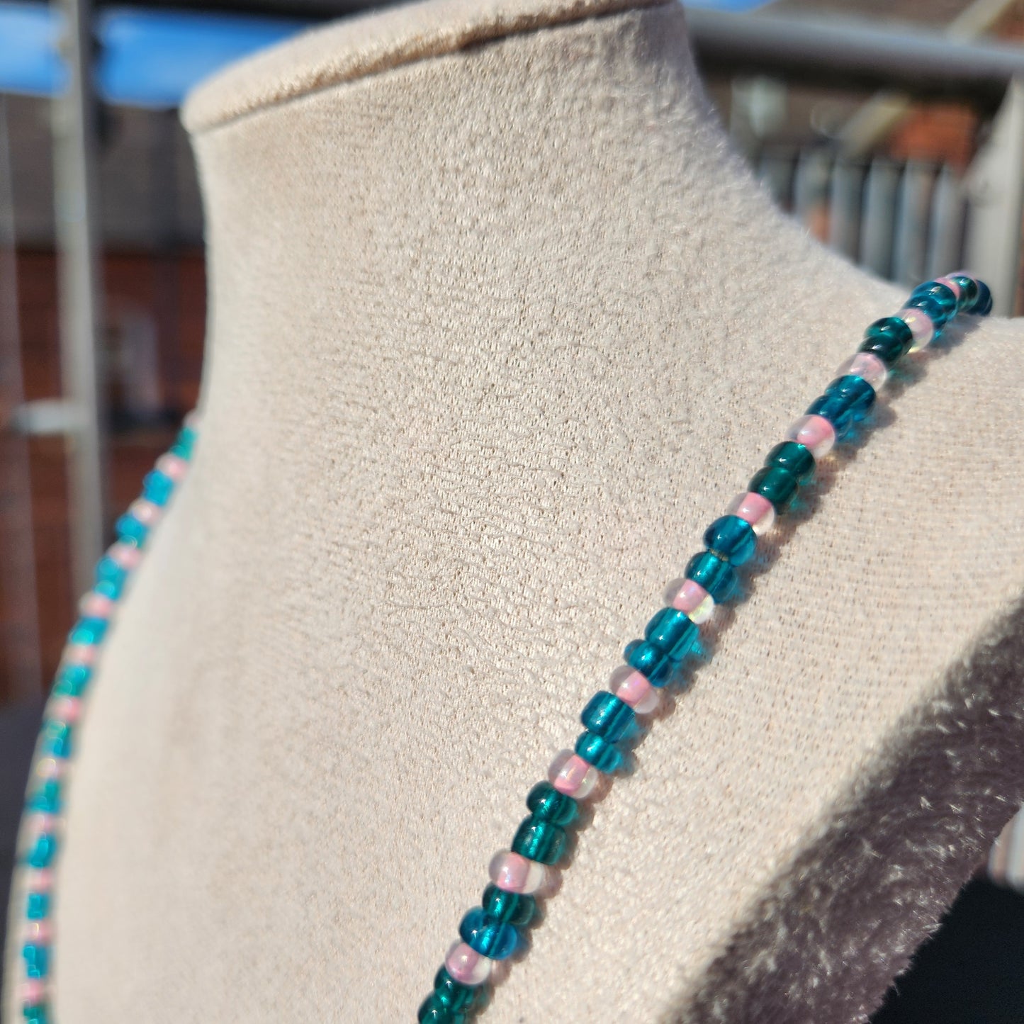 blue-green and pink glass beaded necklace