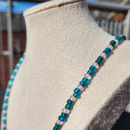 blue-green and pink glass beaded necklace