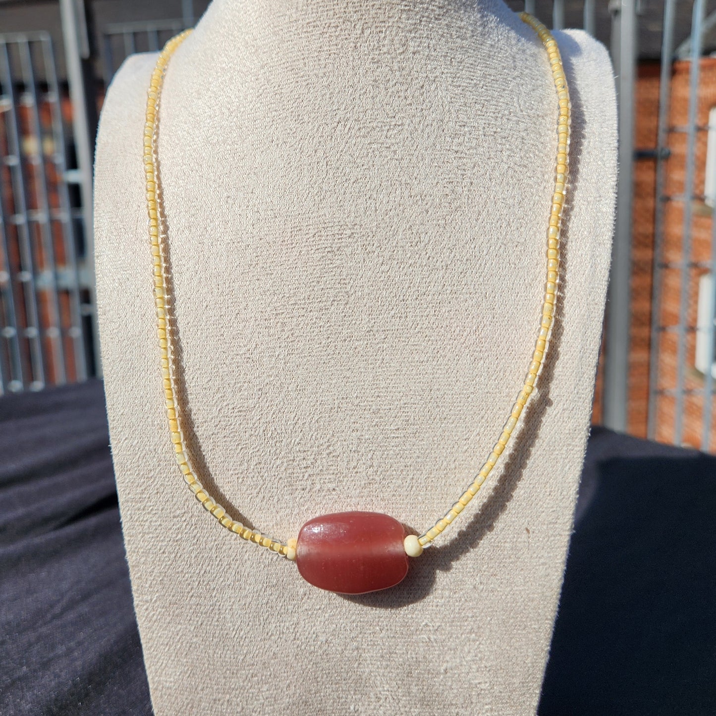 yellow and pink upcycled glass beaded necklace