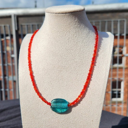 blue and red upcycled glass beaded necklace